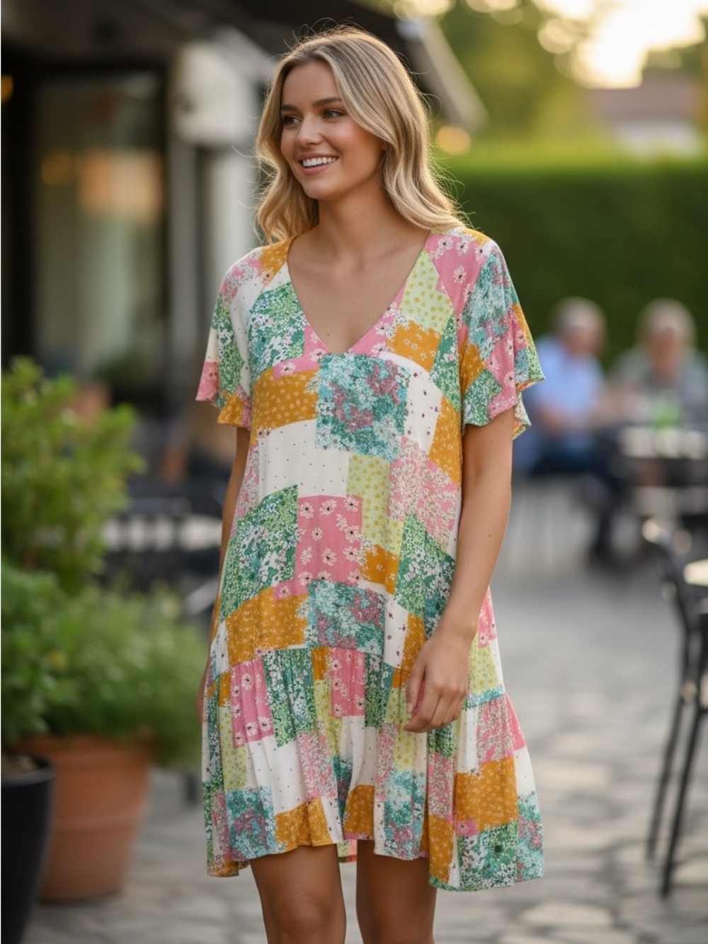 “The Mariah” Patchwork Floral Swing Dress in Pink, Green & Mustard